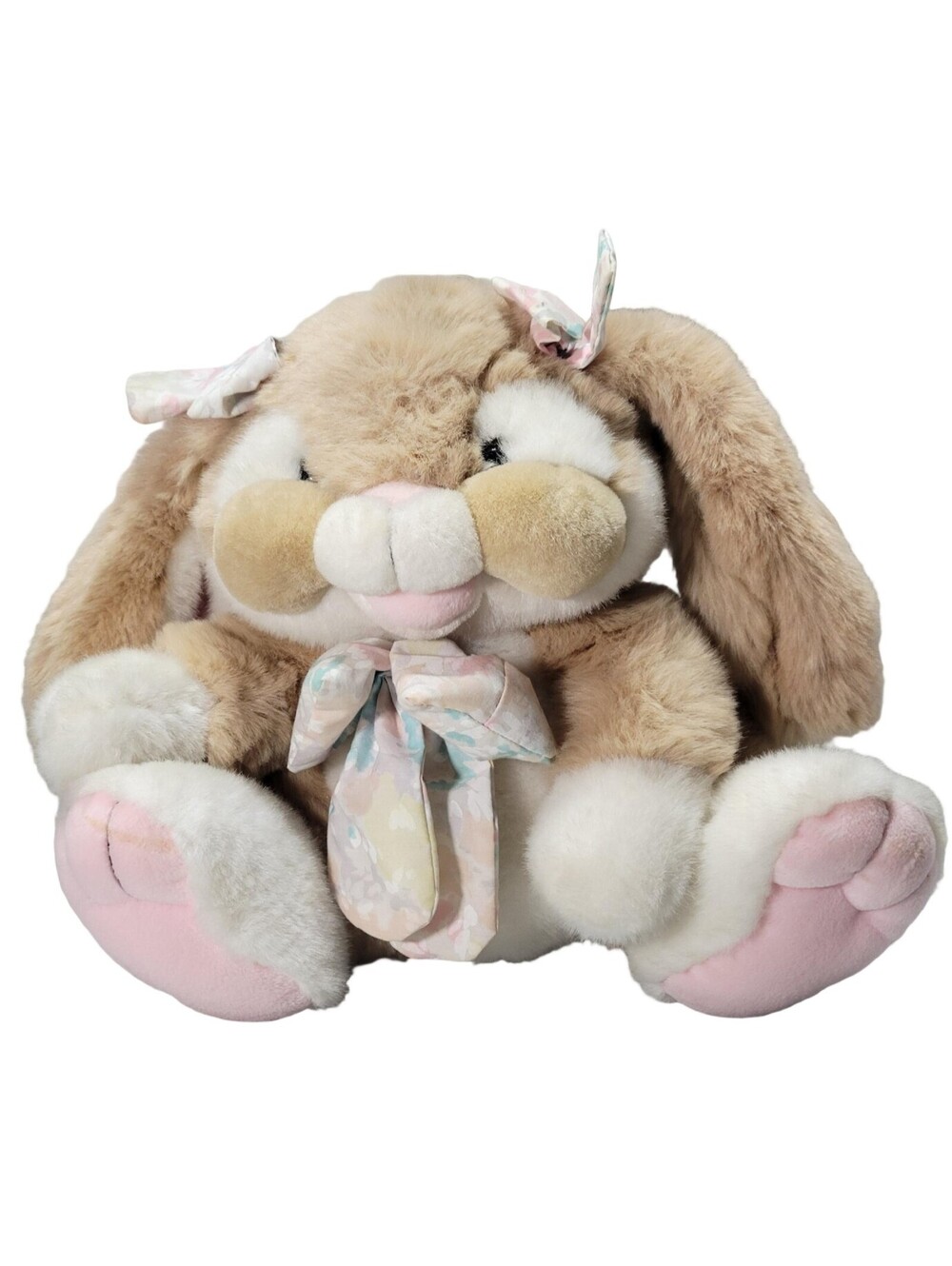 Vintage '92 Commonwealth Tan Plush Cheeky Bunny Rabbit Floral Bow Stuffed EASTER